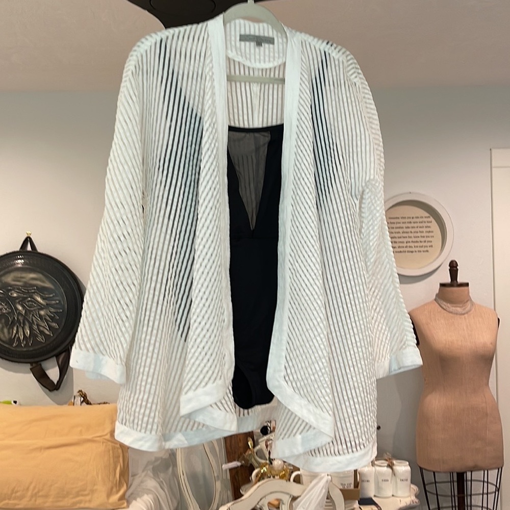 Rutenberg Swim cover up 79% Cotton 21% Nylon burnout stripe, banded edge detail.